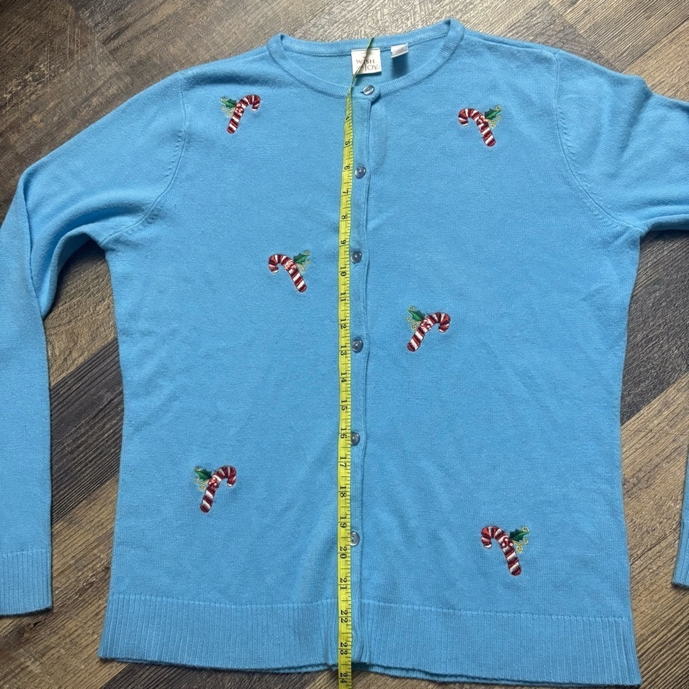 Wish for Joy blue Christmas button up long sleeve holiday candy cane top M - Picture 4 of 6